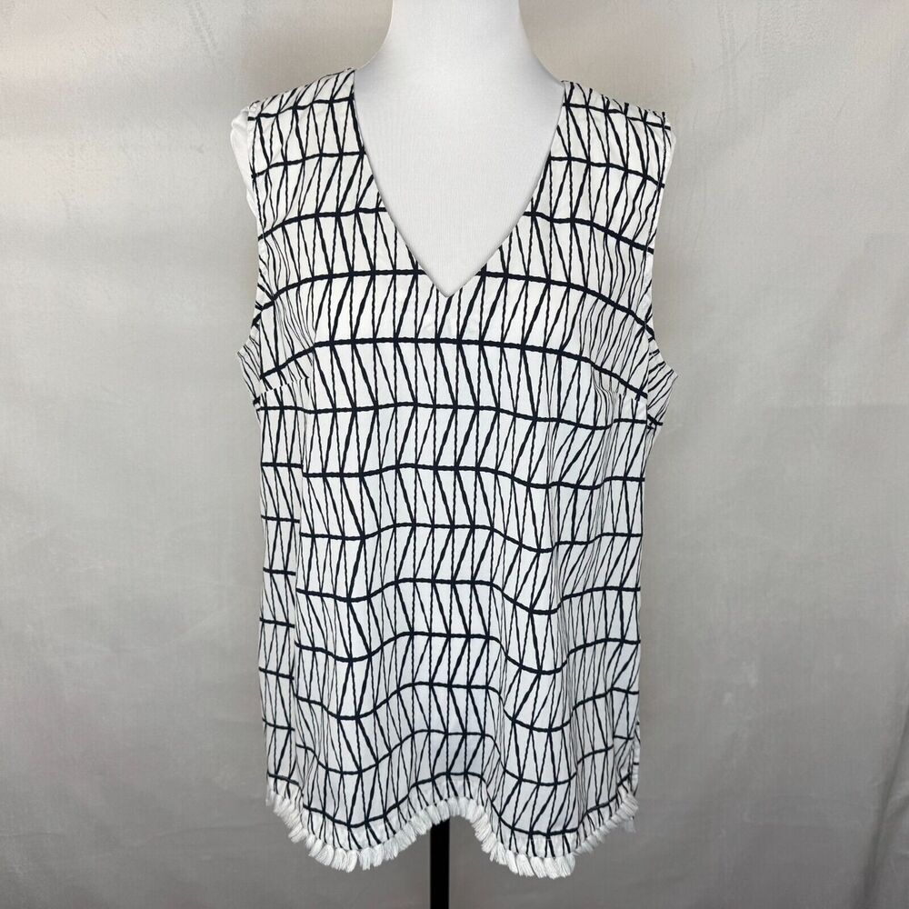 Banana Republic Top Sz L White Black Geometric Print VNeck Sleeveless Fringe Hem